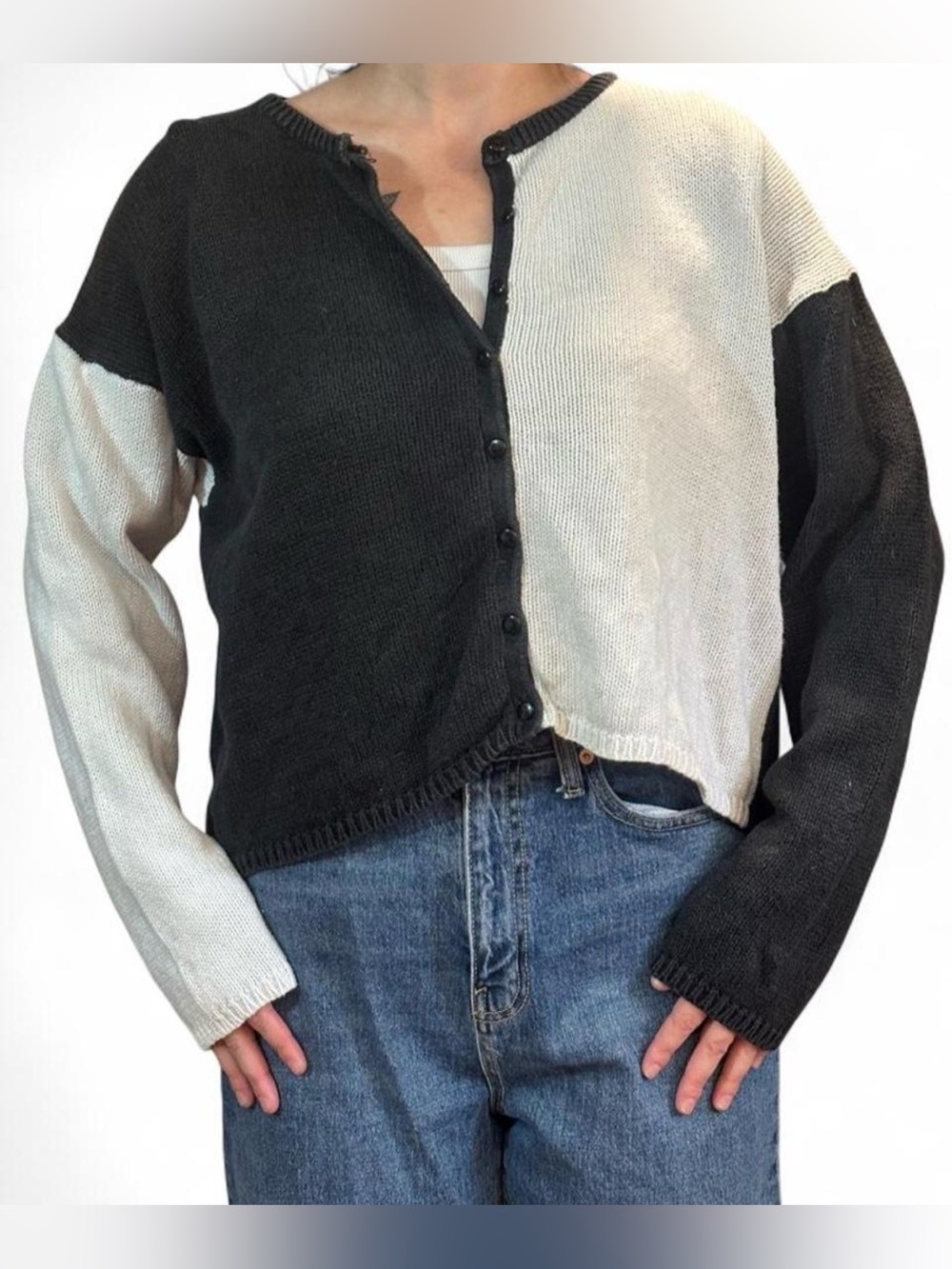 Vintage Sostanza 80s 90s Gray White Knit Sweater Button Up Unique M Colorblock